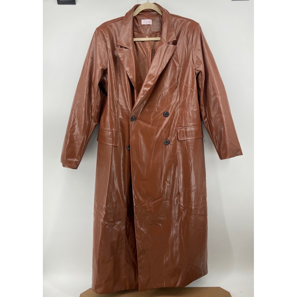 Pink Lily Faux Leather Trench Coat Brown Double Breasted Long Jacket Womens M